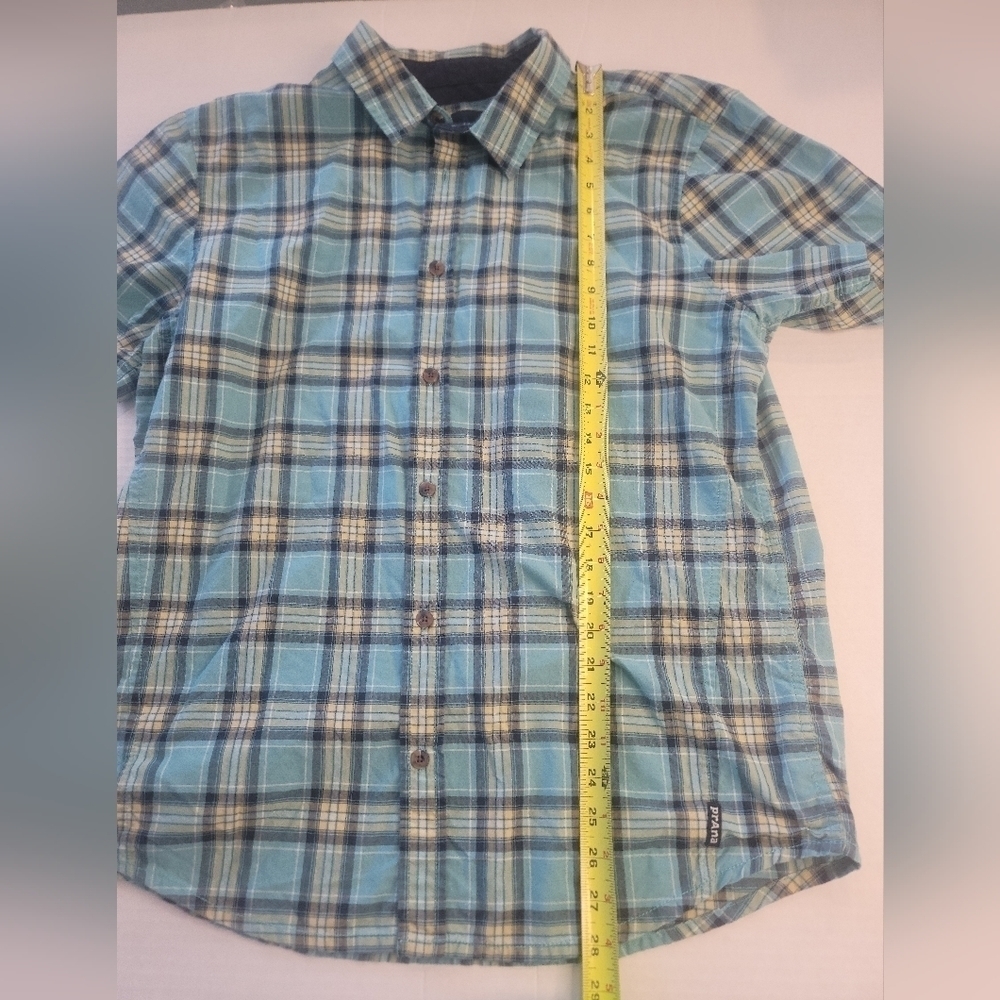 Mend PrAna shirt GRADEN Collared Short Sleeve Button Up Plaid Teal SZ L - Picture 3 of 8